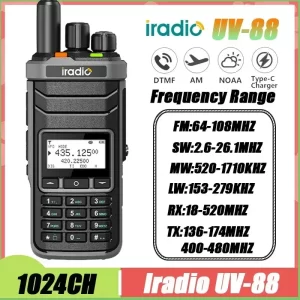 Cb Radio 27Mhz IRADIO UV-88 Handheld Radio Shortwave 2.3-26.1Mhz Uv88 Fm/Sw/Mw/Lw Radio Multi Band Type-C Charger Noaa 1024