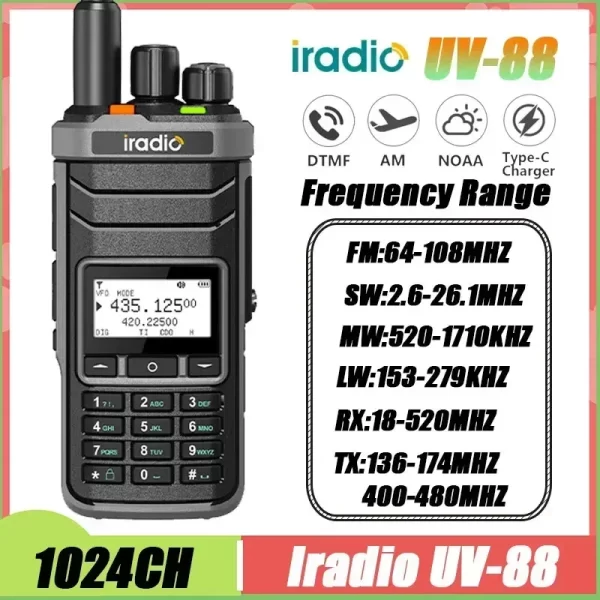Cb Radio 27Mhz IRADIO UV-88 Handheld Radio Shortwave 2.3-26.1Mhz Uv88 Fm/Sw/Mw/Lw Radio Multi Band Type-C Charger Noaa 1024