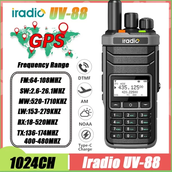 Iradio UV-88 GPS Two way Radio Shortwave UV88 Radio Type-C Charging 18-520mhz Receiving NOAA 1024 Channel Frequency Channel Scan