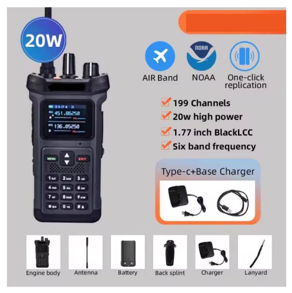 Real 20W Newest Walkie Talkie Air Band NOAA One-click replication 6 bands VHF UHF 199CHS 10800 Battery - Image 5